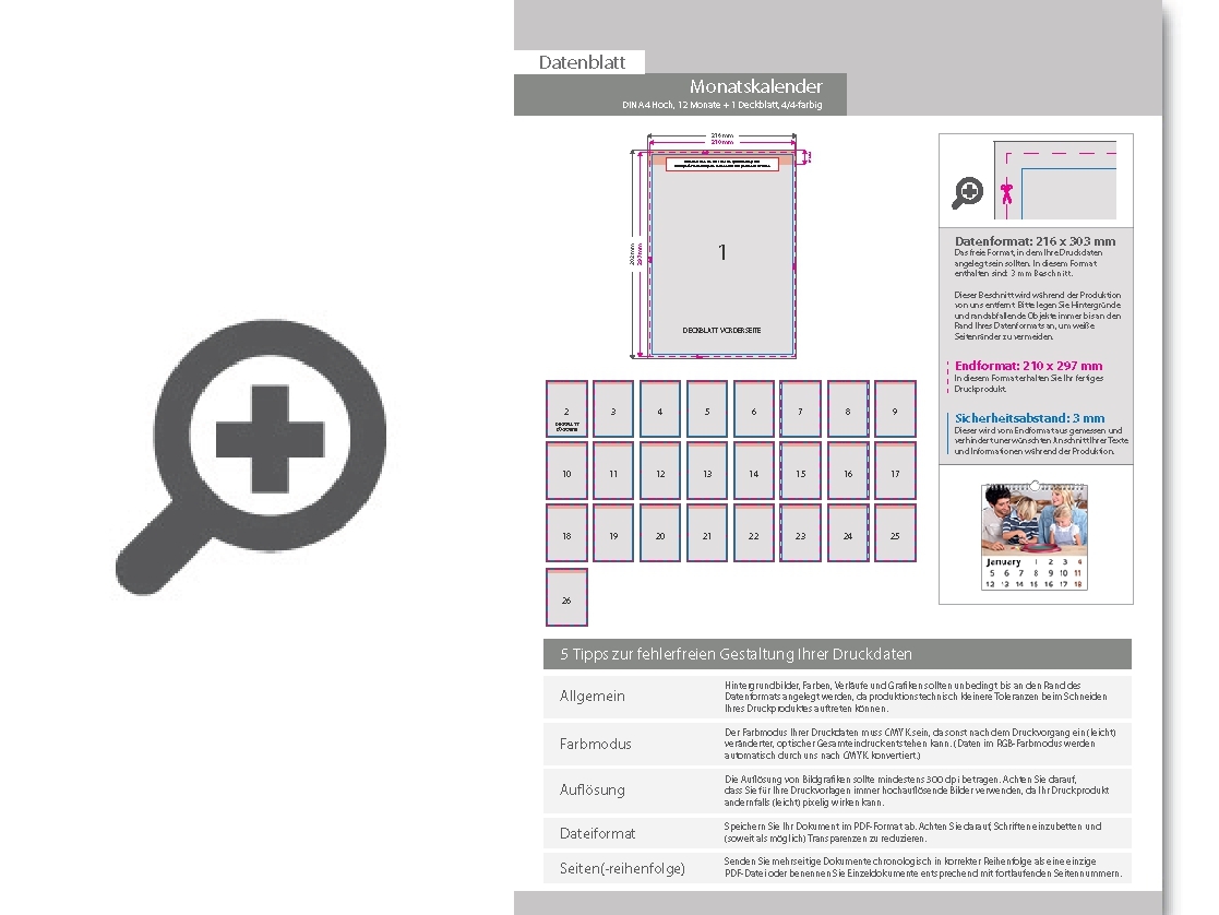 Product Bild monatskalender_13_blatt_(12_monate_+_deckblatt)__beidseitig_bedruckt_4_4_farbig__din_a4_hoch_(210_x_297_mm)