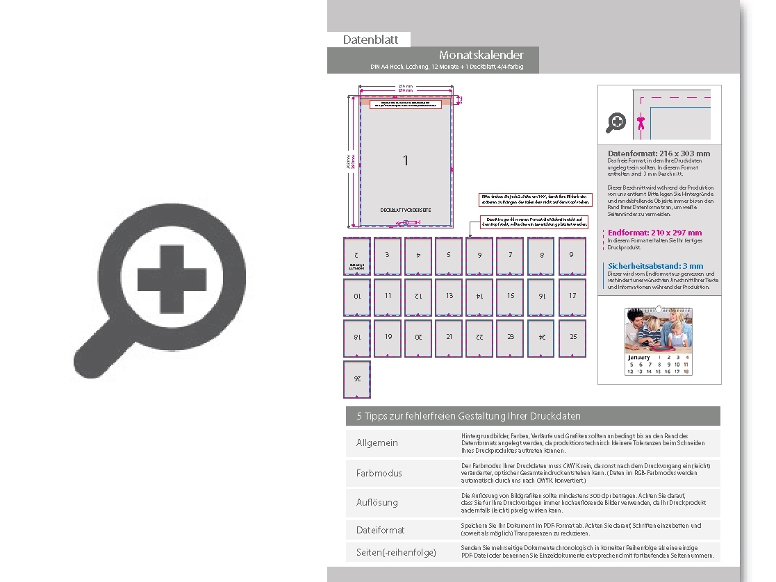 Product Bild monatskalender_mit_lochung_13_blatt_(12_monate_+_deckblatt)__beidseitig_bedruckt_4_4_farbig__din_a4_hoch_(210_x_297_mm)