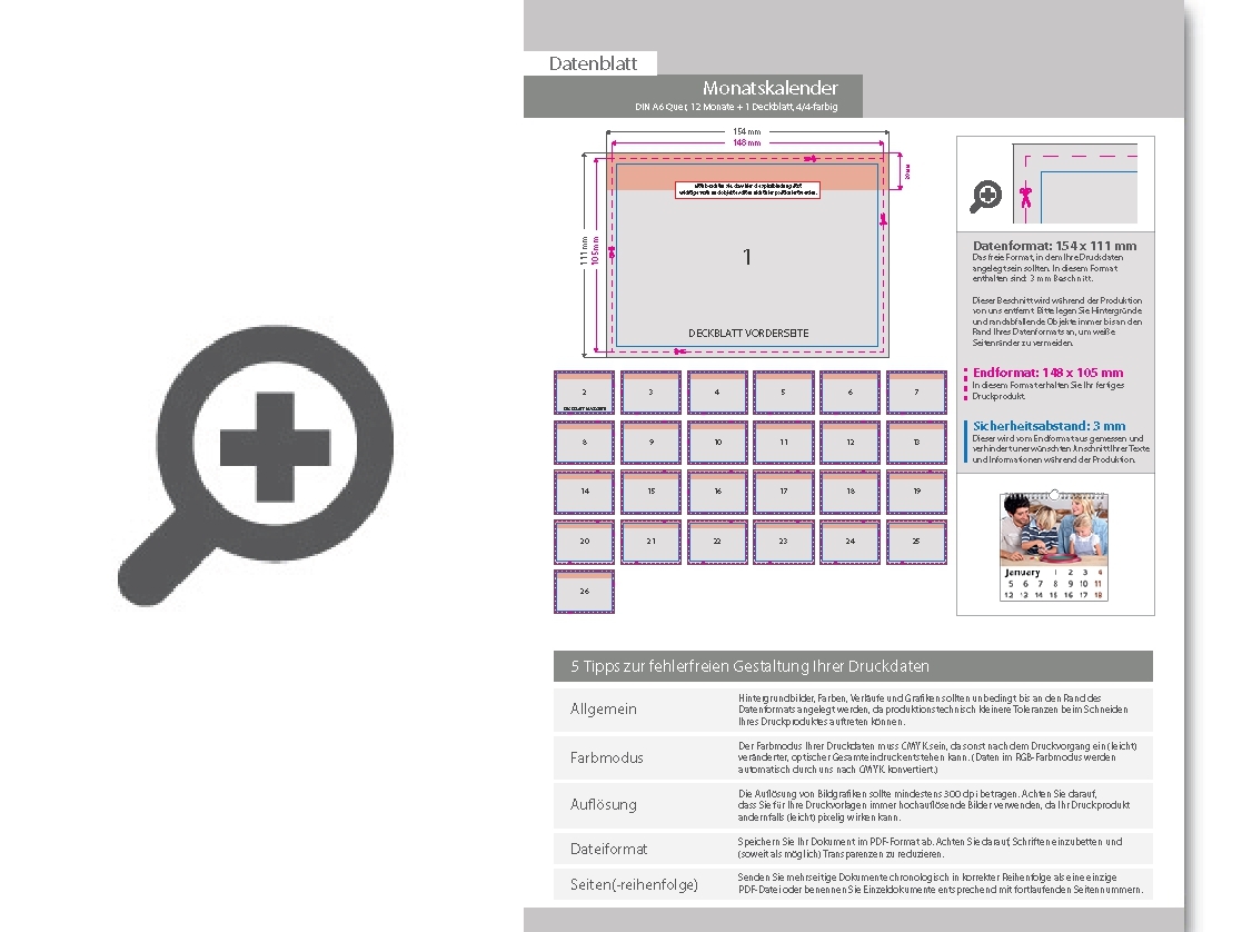 Product Bild monatskalender_13_blatt_(12_monate_+_deckblatt)__beidseitig_bedruckt_4_4_farbig__din_a6_quer_(148_x_105_mm)